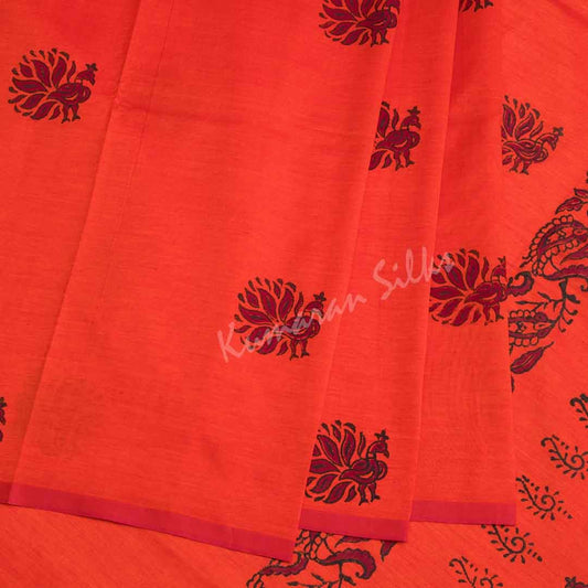 Poly Cotton Printed Reddish Orange Saree