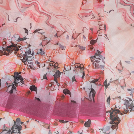 Semi Linen Printed Rose Pink Saree