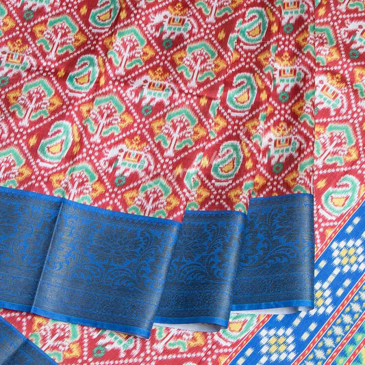 Semi Raw Silk With Ikkat Printed Red Saree