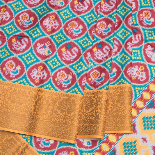 Semi Raw Silk With Ikkat Printed Teal Green Saree