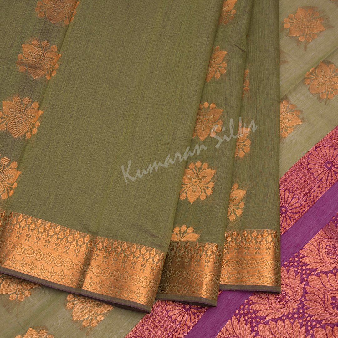 Silk Cotton Embroidered Olive Green Saree 05