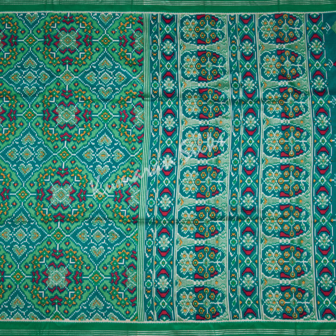 Semi Raw Silk With Ikkat Printed Green Saree 03