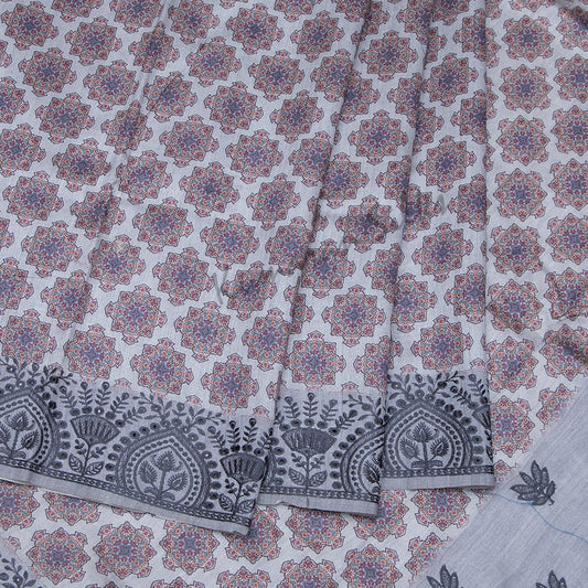 Semi Tussar Grey Printed With Embro-Border Saree