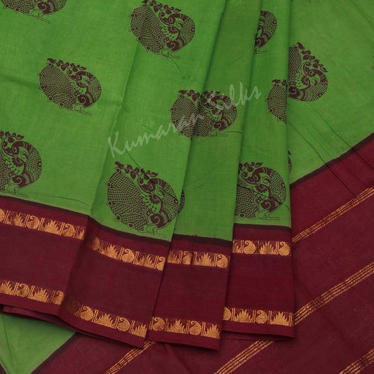Sungudi Cotton Parrot Green Printed Saree Without Blouse