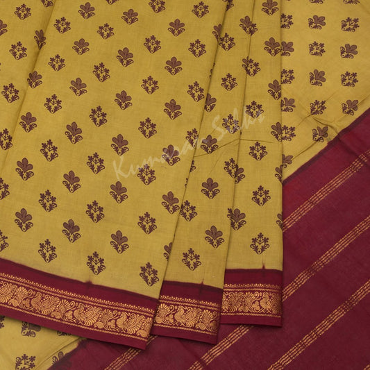 Sungudi Cotton Mustard Printed Saree Without Blouse