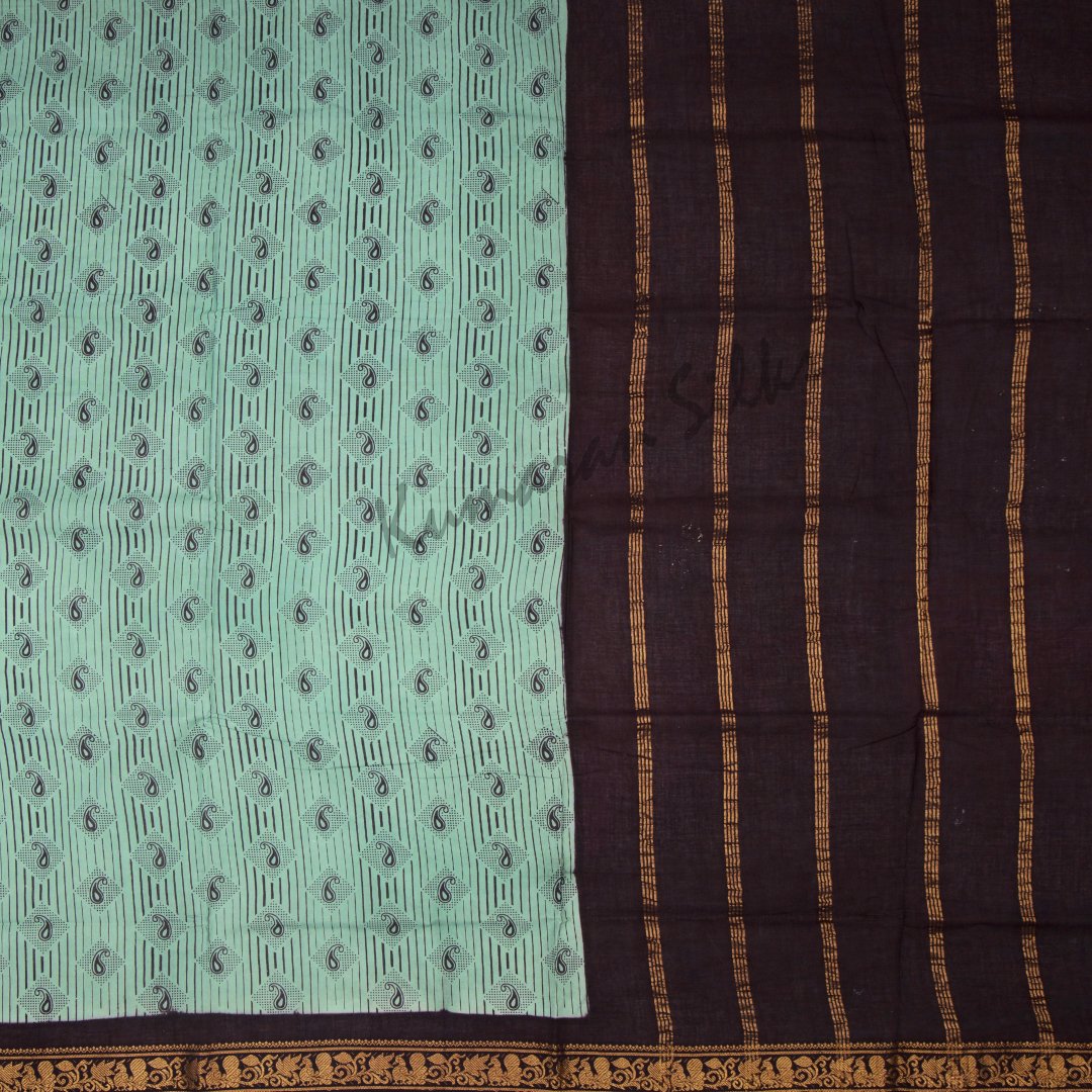 Sungudi Cotton Sage Green Printed Saree Without Blouse 02