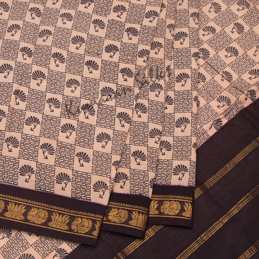 Sungudi Cotton Light Brown Printed Saree Without Blouse 02