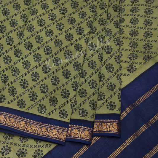 Sungudi Cotton Pickle Green Printed Saree Without Blouse 02