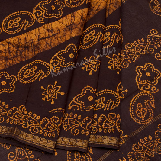 Sungudi Cotton Dark Brown Printed Saree Without Blouse