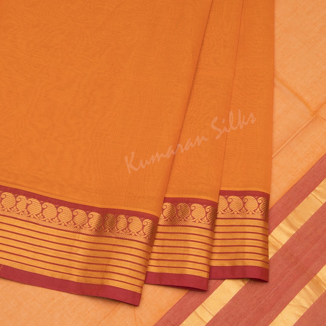 Venkatagiri Handloom Cotton Orange Saree Without Blouse