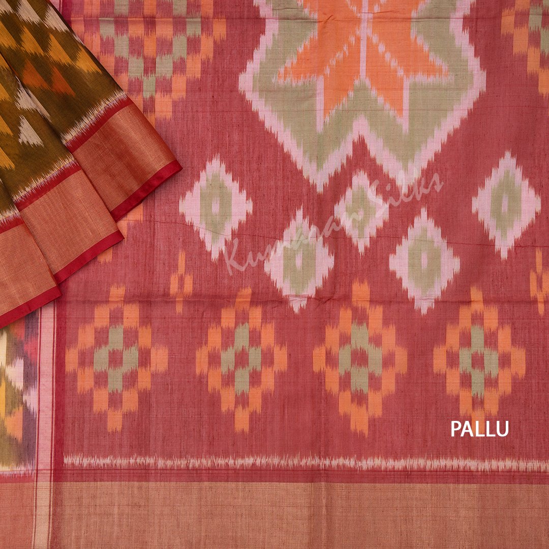 Copper Brown Pochampally Silk Cotton Saree With Ikat Border