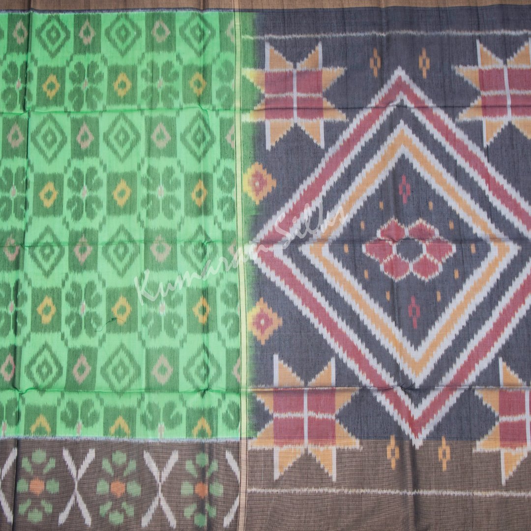 Parrot Green Pochampally Silk Cotton Saree With Ikat Border 02