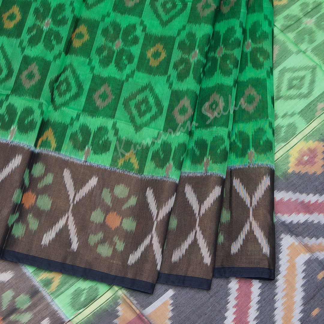 Parrot Green Pochampally Silk Cotton Saree With Ikat Border 02