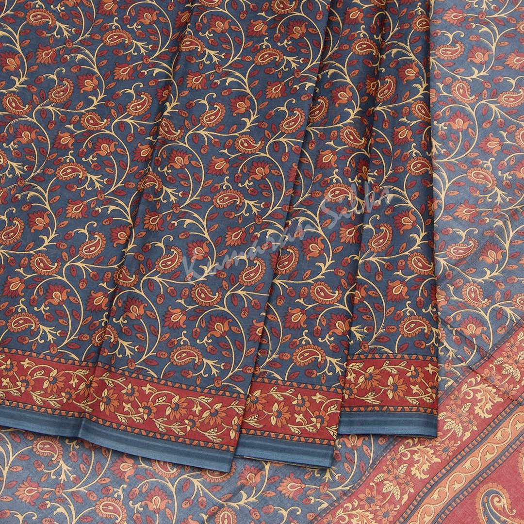 Chanderi Cotton Printed Greyish Blue Saree