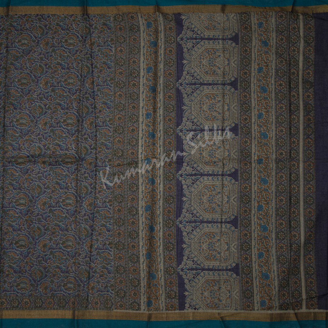 Chanderi Cotton Printed Dark Blue Saree 02
