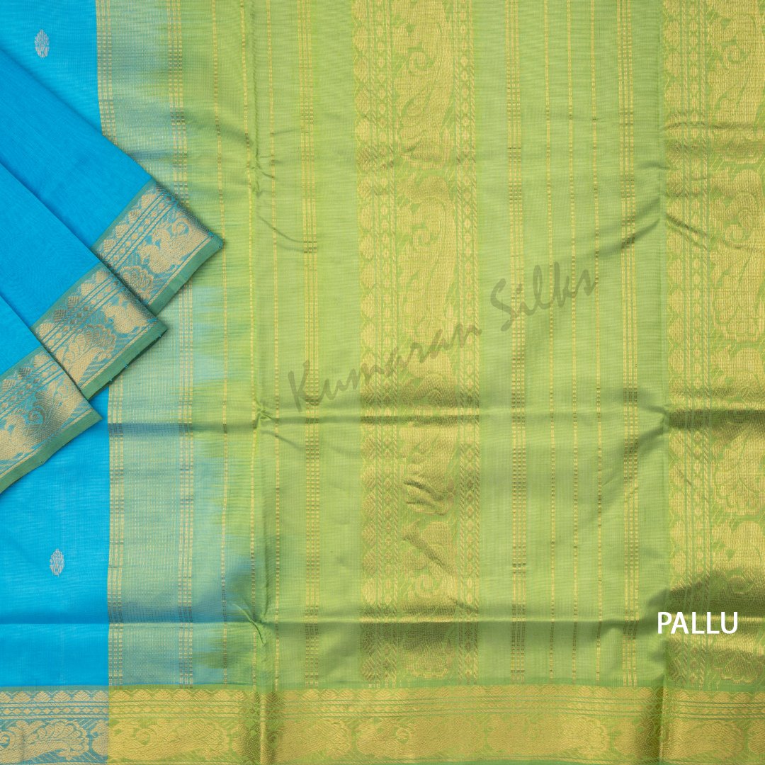 Amirthavarshni Sky Blue Silk Cotton Saree With Green Border