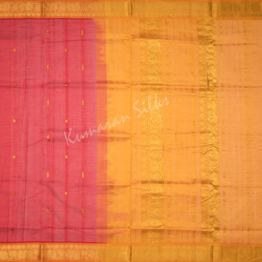 Amirthavarshni Red Silk Cotton Saree With Mustard Border