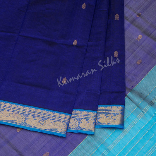 Amirthavarshni Indigo Blue Silk Cotton Saree With Blue Border 02