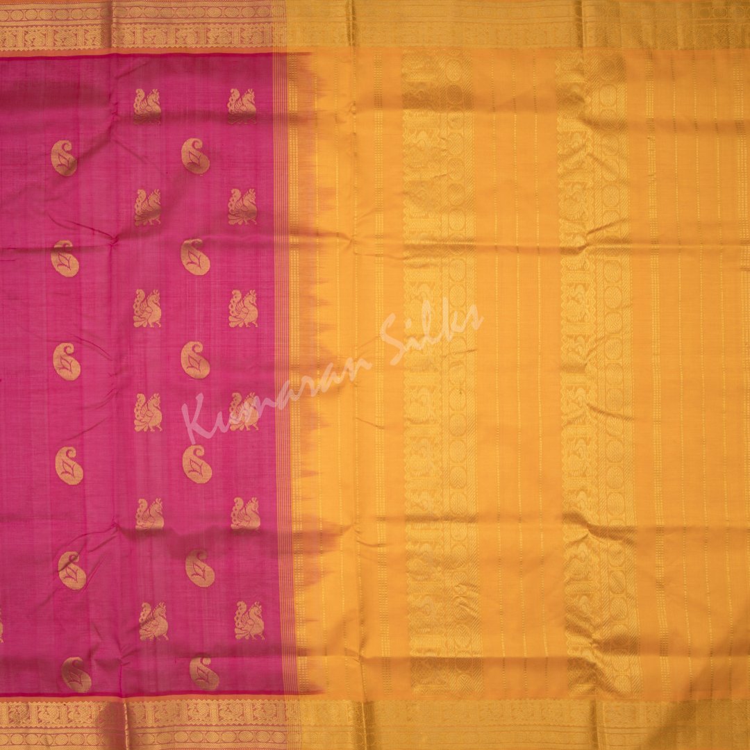 Amirthavarshni Ruby Pink Silk Cotton Saree With Mustard Border