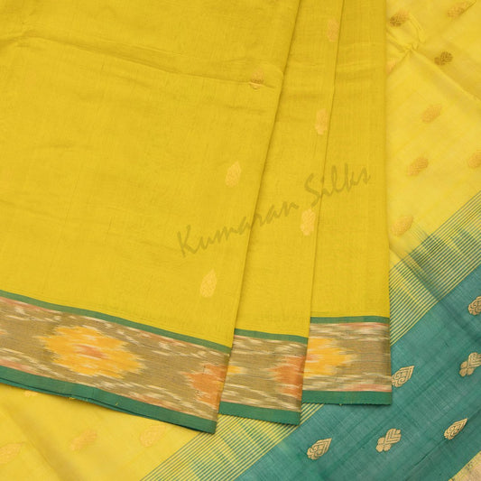 Amirthavarshni Yellow Silk Cotton Saree With Ikkat Border