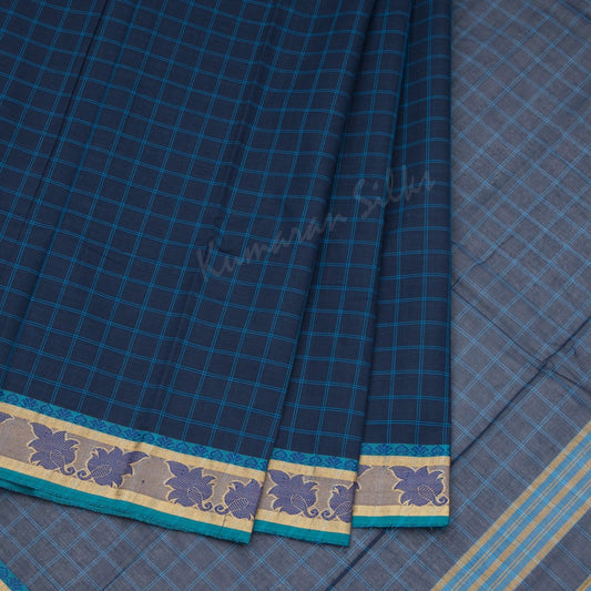 Chettinad Cotton Blue Checked Saree Without Blouse