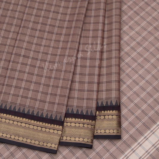 Chettinad Cotton Coffee Brown Checked Saree Without Blouse