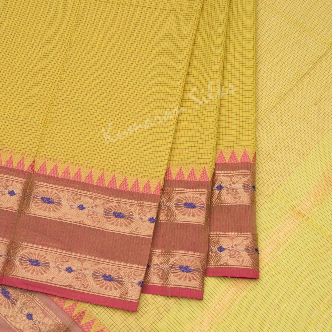 Chettinad Cotton Lime Green Micro Checked Saree Without Blouse
