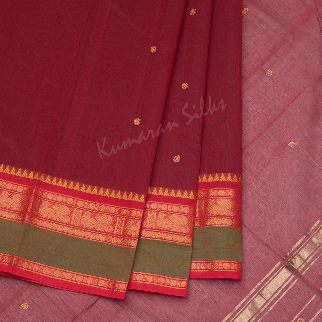 Chettinad Cotton Maroon Embroidered Saree Without Blouse