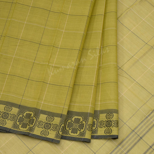 Chettinad Cotton Lime Green Checked Saree Without Blouse