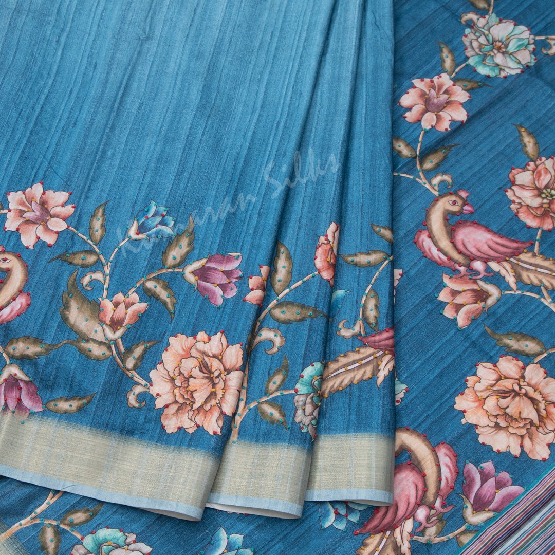 Semi Raw Silk Printed Blue Saree 07