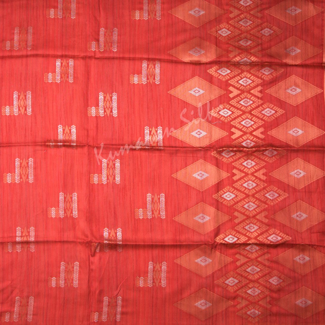 Semi Raw Silk Embossed Reddish Orange Saree