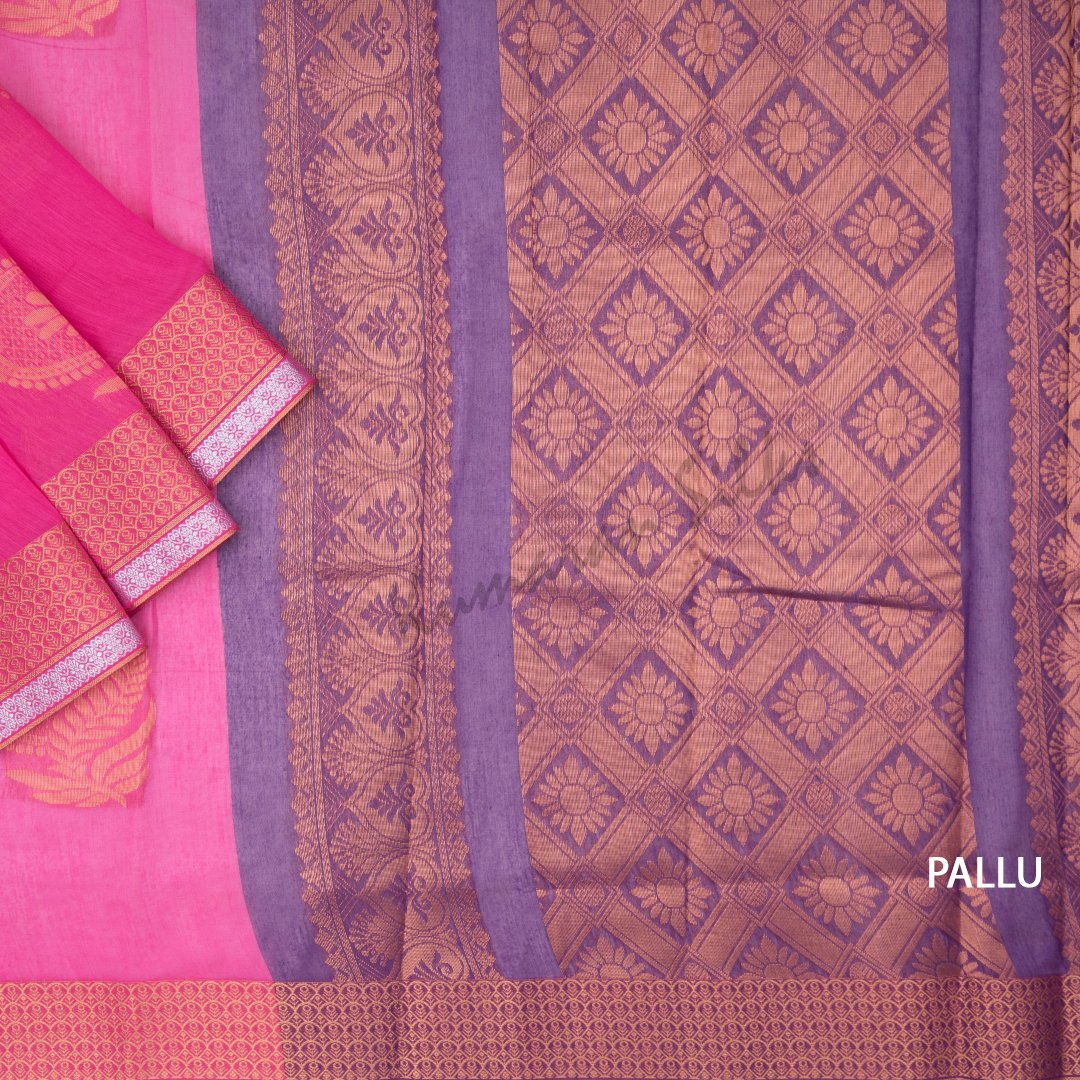 Silk Cotton Embroidered Hot Pink Saree