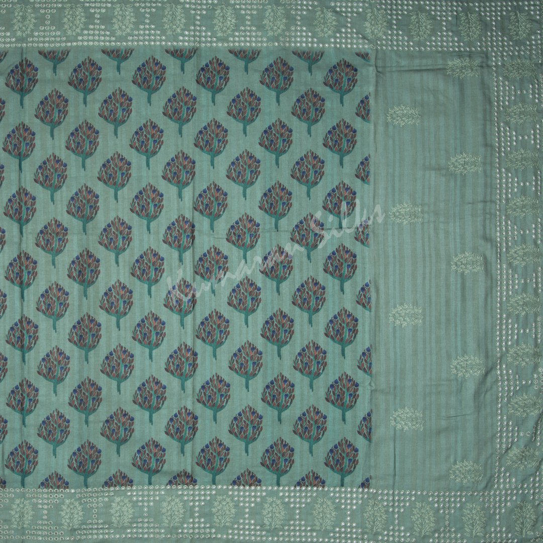 Semi Raw Silk Printed Sage Green Saree With Cut Work Embroidery Border