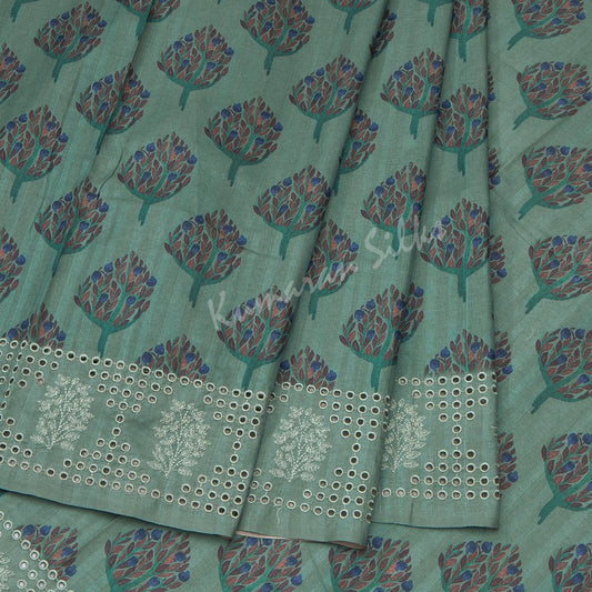 Semi Raw Silk Printed Sage Green Saree With Cut Work Embroidery Border