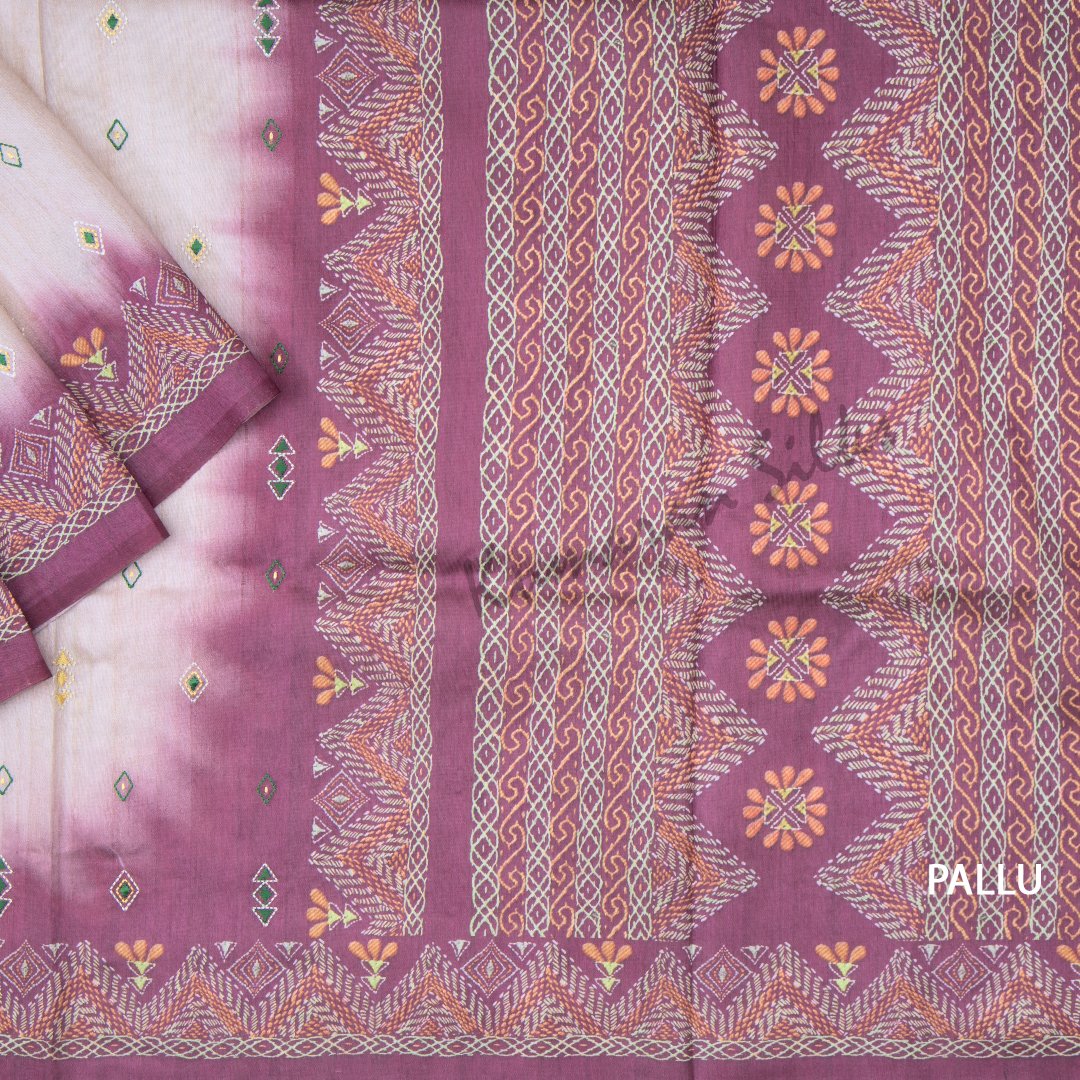 Semi Raw Silk Cream Thread Work Embroidered Saree With Embroidery Border 02