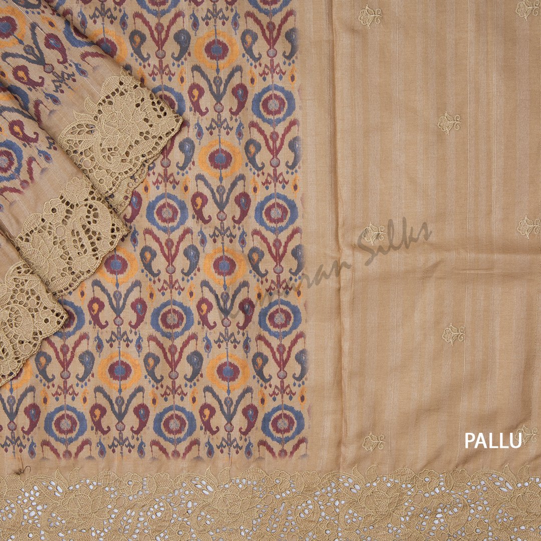 Semi Raw Silk Printed Beige Saree With Cut Work Embroidery Border