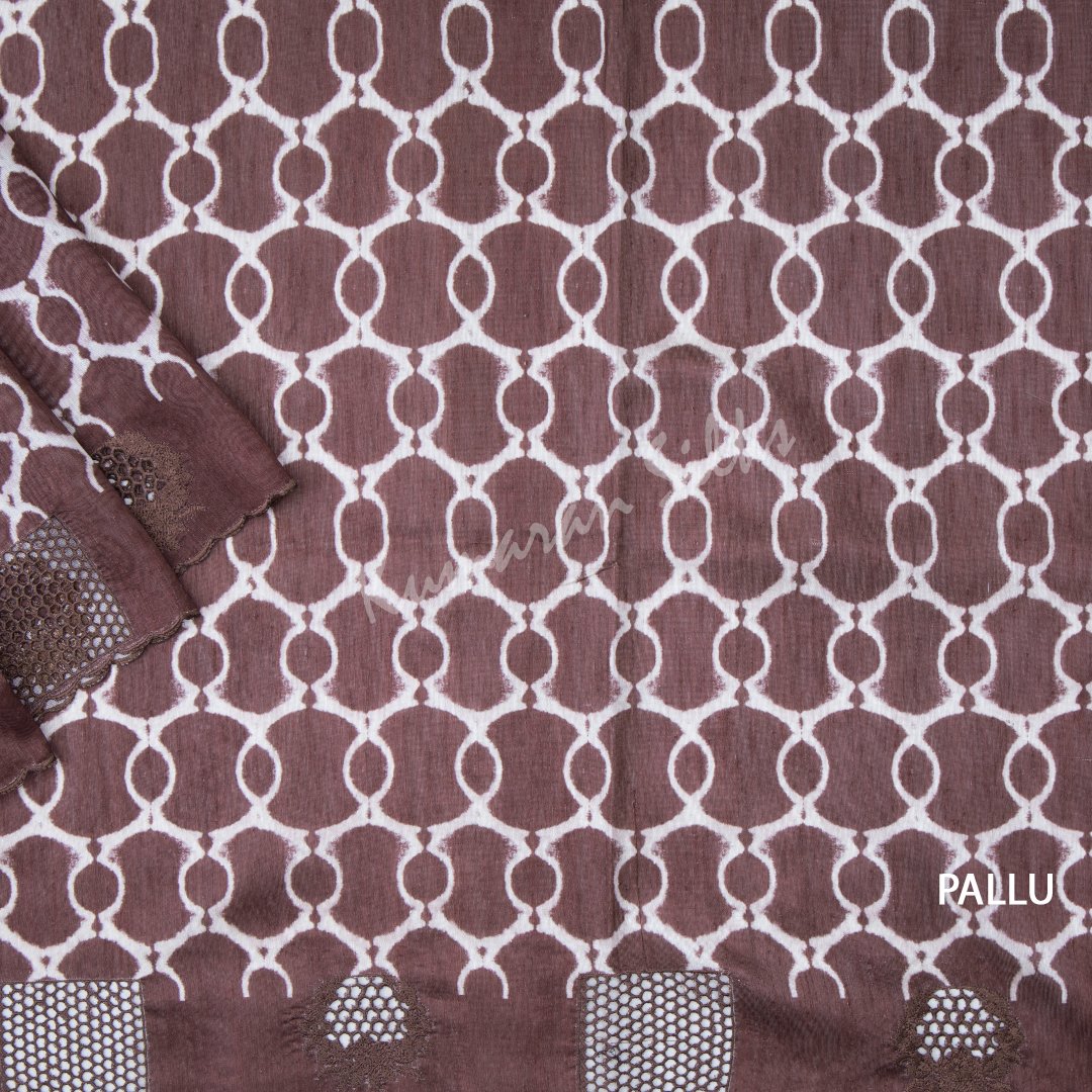 Semi Raw Silk Printed Dark Brown Saree With Cut Work Embroidery Border 02