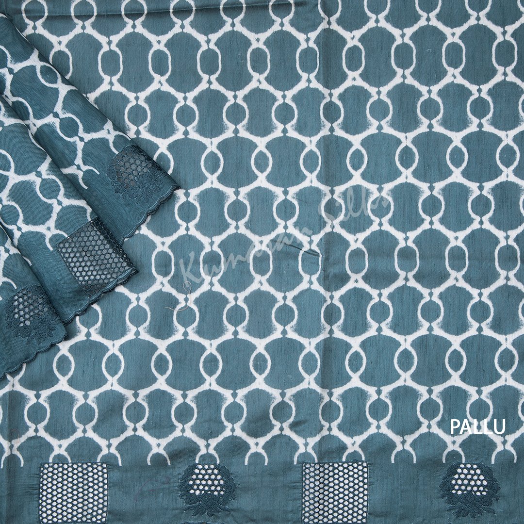 Semi Raw Silk Printed Greyish Blue Saree With Cut Work Embroidery Border