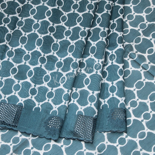Semi Raw Silk Printed Greyish Blue Saree With Cut Work Embroidery Border