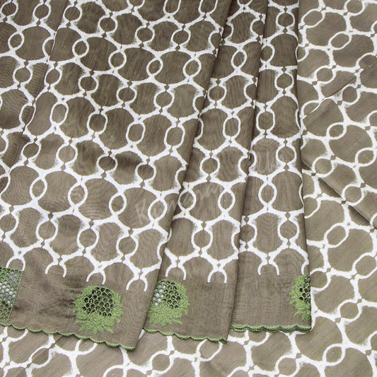Semi Raw Silk Printed Olive Green Saree With Cut Work Embroidery Border