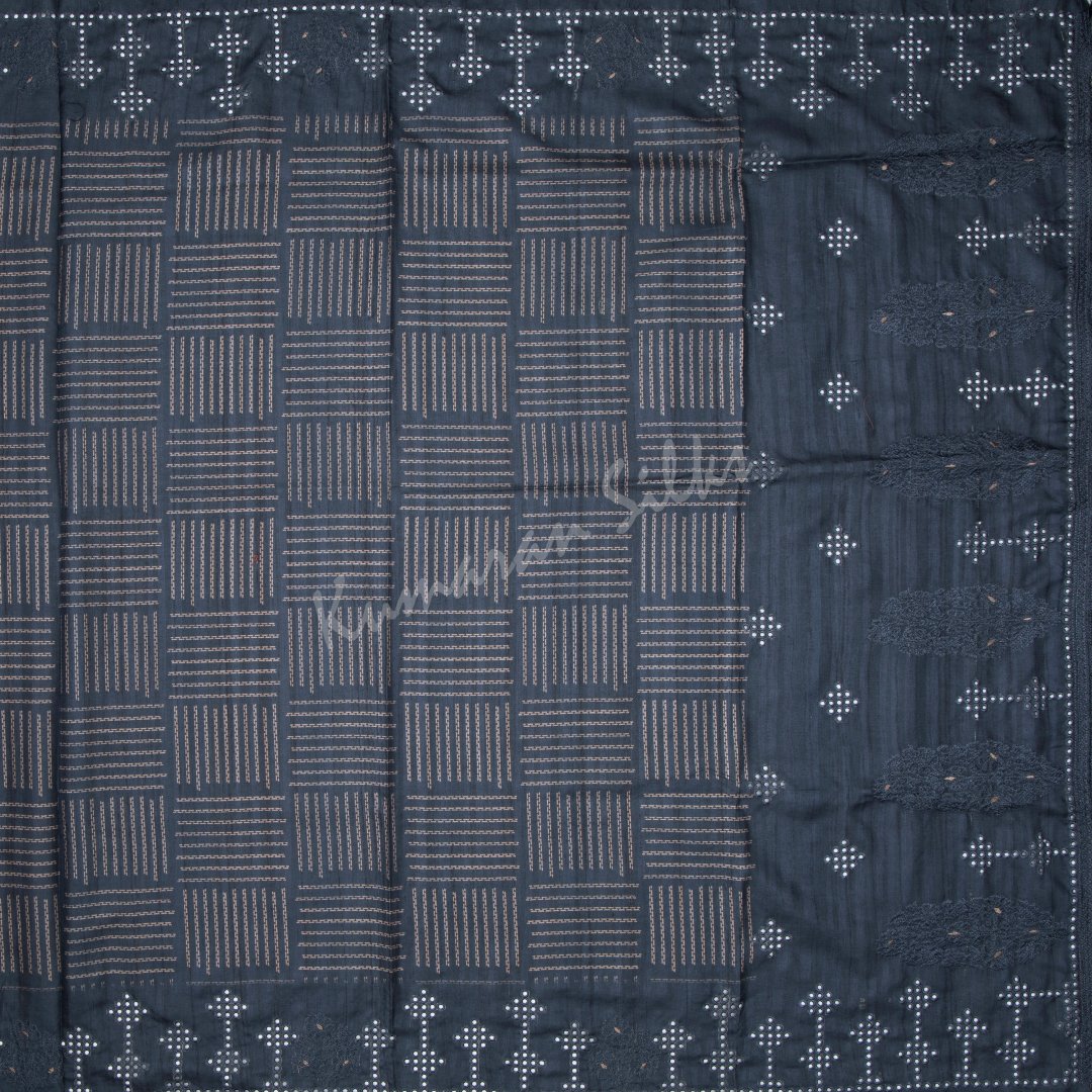 Semi Raw Silk Printed Dark Grey Saree With Cut Work Embroidery Border 02