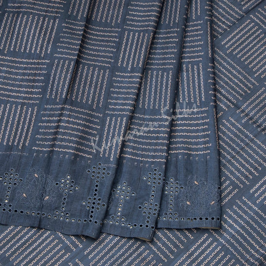 Semi Raw Silk Printed Dark Grey Saree With Cut Work Embroidery Border 02