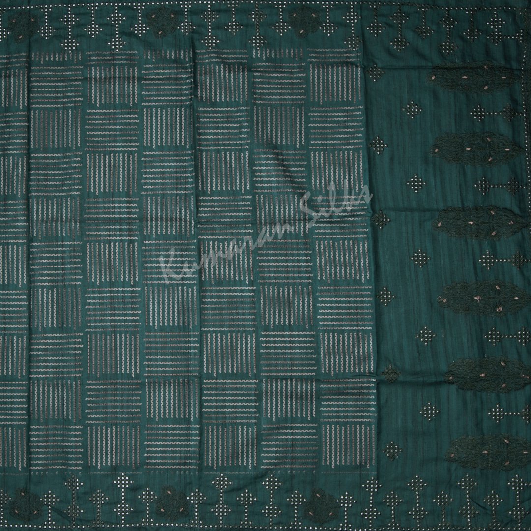 Semi Raw Silk Printed Bottle Green Saree With Cut Work Embroidery Border
