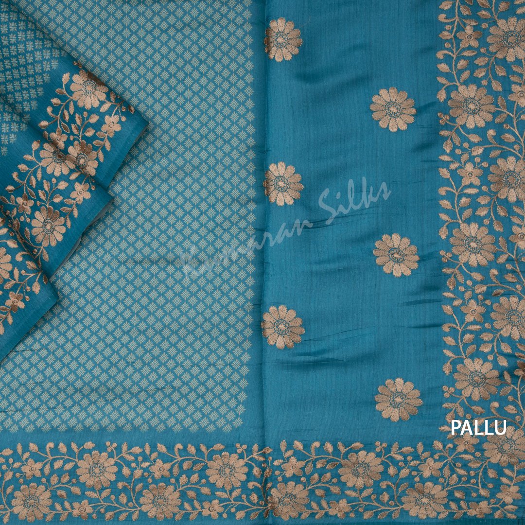 Semi Raw Silk Printed Teal Blue Saree With Embroidery Border