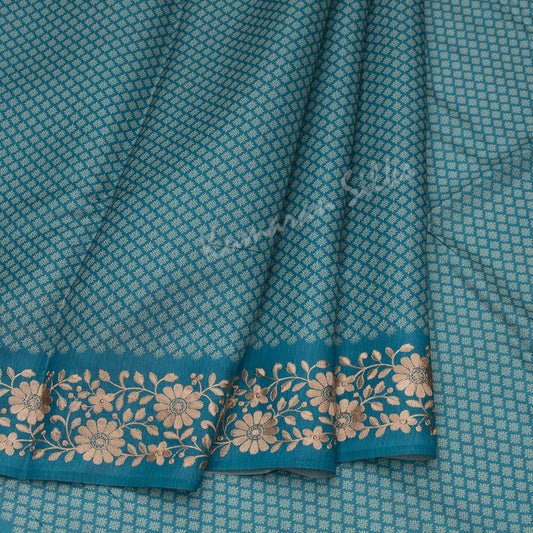 Semi Raw Silk Printed Teal Blue Saree With Embroidery Border