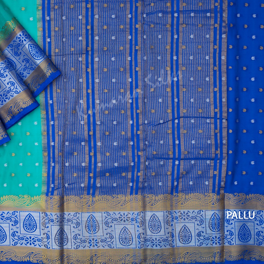 Semi Mysore Silk Embroidered Peacock Blue Saree