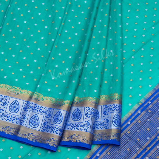 Semi Mysore Silk Embroidered Peacock Blue Saree