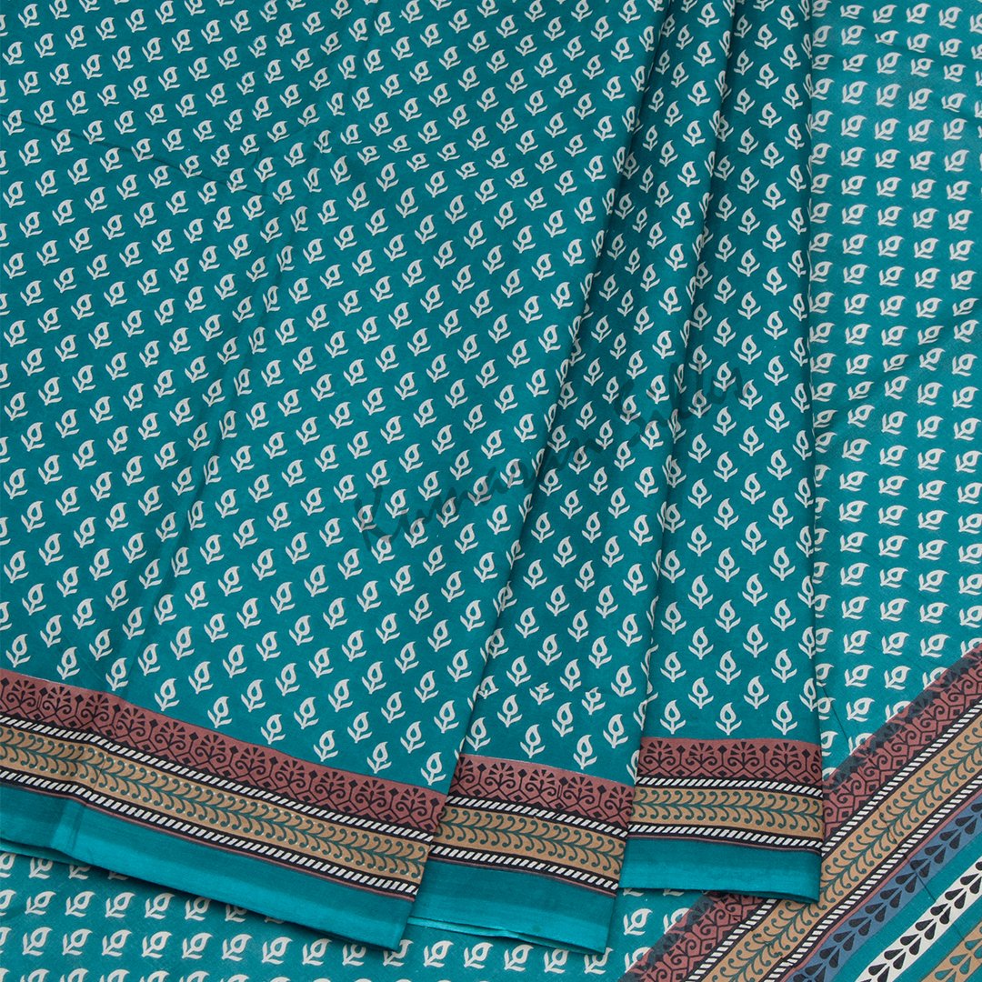 Chanderi Cotton Printed Teal Blue Saree 02