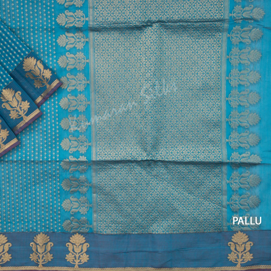 Silk Cotton Embossed Teal Blue Saree 02