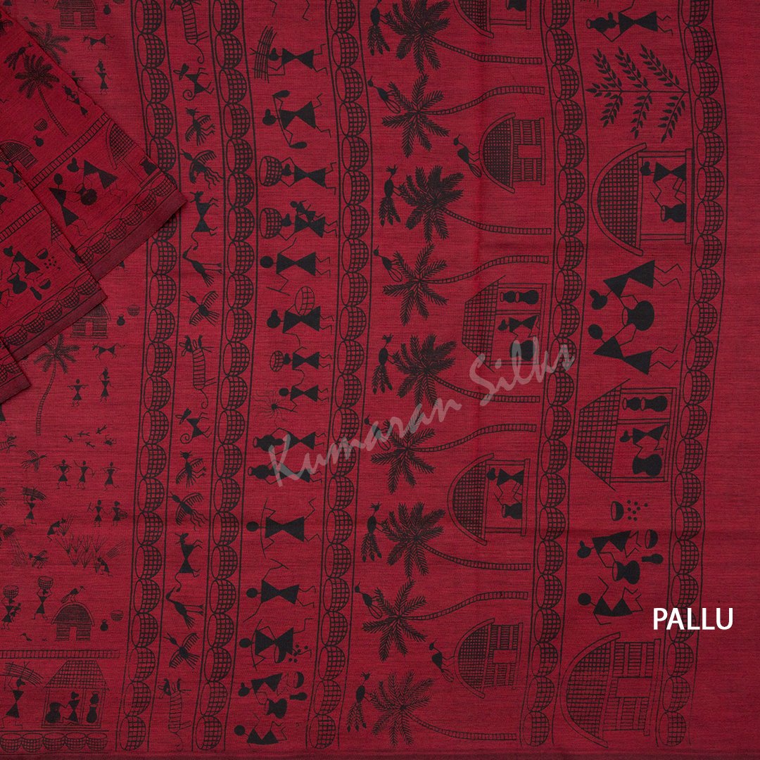 Poly Cotton Printed Dark Red Saree